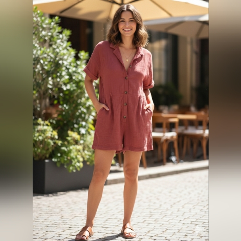 Madewell Double Gauze Short Sleeve Romper Small S Red Clay Button Front Cotton
